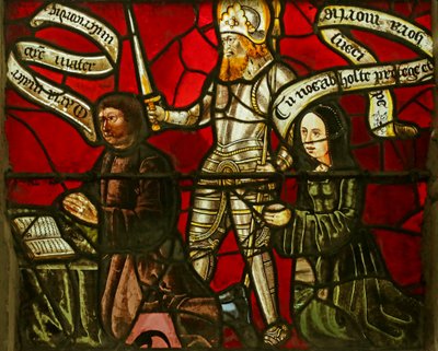 Vitrail représentant deux panneaux réinitialisés avec des donateurs et les saints Jacques et Georges - French School